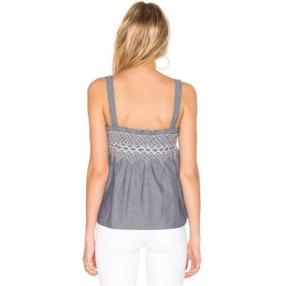 Current/Elliot Women's Chambray Smocked Embroidered Tank Top Blue White Sz 1, Sm - Picture 2 of 11